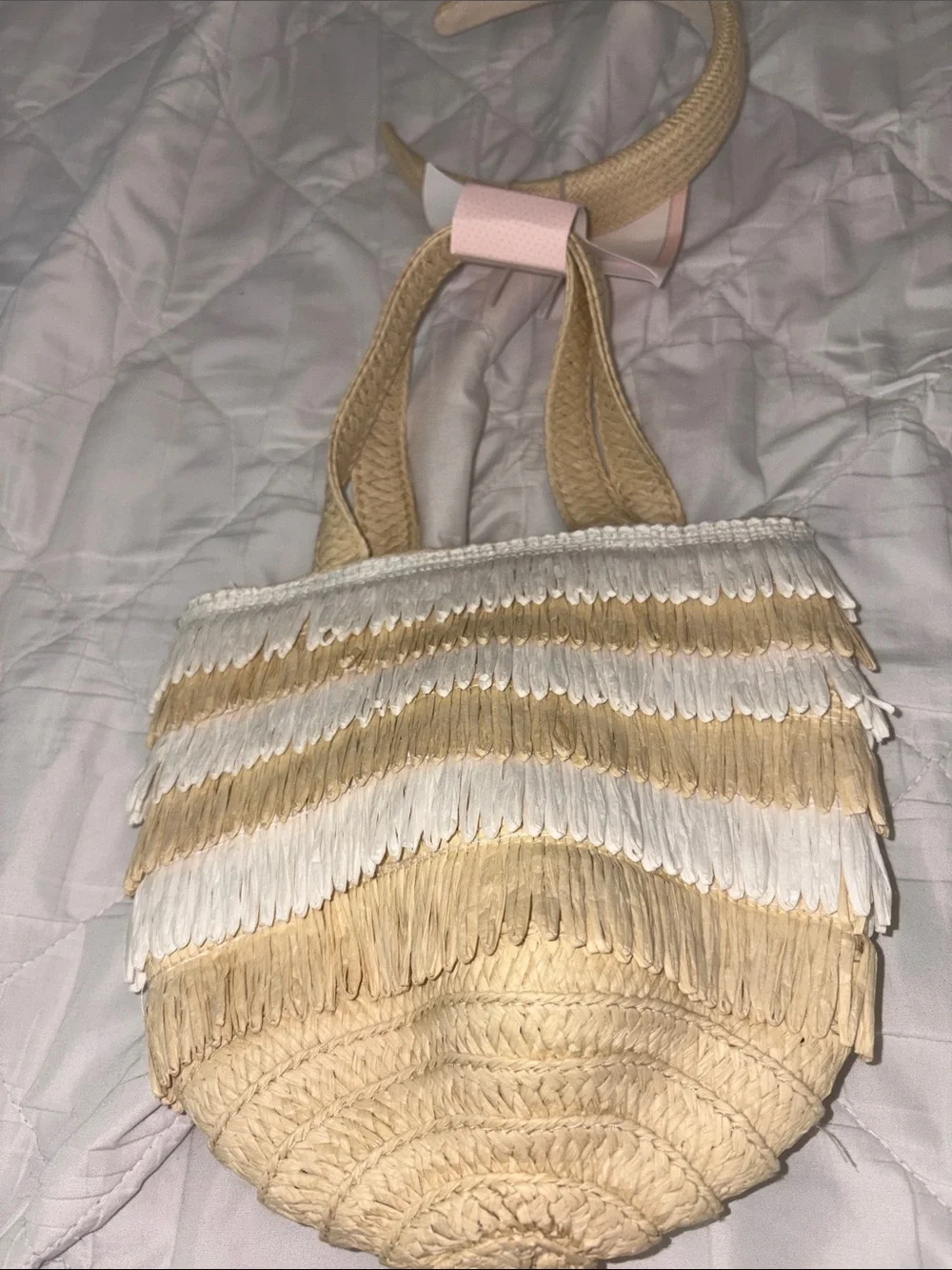 cupcakes & cashmere Natural and White Layered Fringe Straw Tote